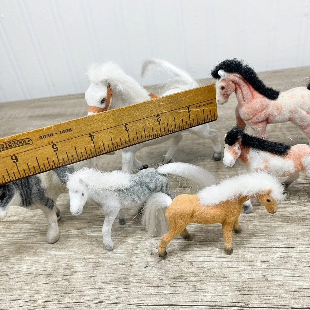 Vintage Flocked Horse and Cow Figurines Lot of 6 Fuzzy Farm Animals Toy Set